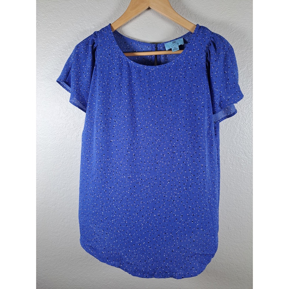 CeCe Blue Polka Dot Short Sleeve Flutter Sleeve Blouse Medium Cobalt Blue Top